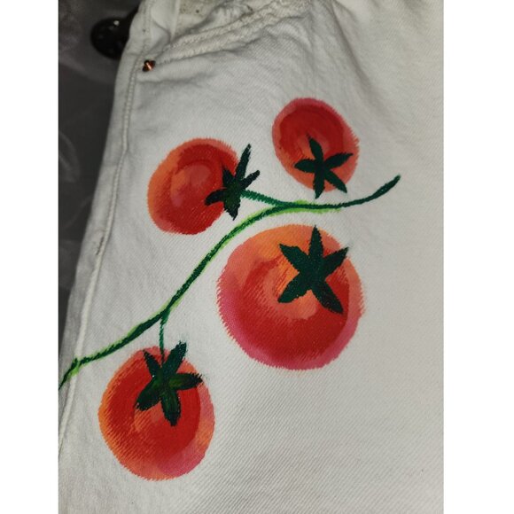 Ivory White Bershka straight jeans with Hand painted Red and Orange tomatoes US4 - Picture 3 of 3